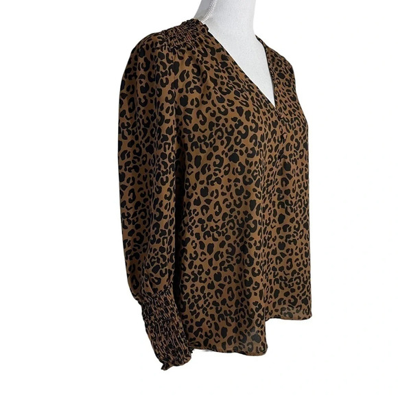 Aqua Leopard Print Blouse Size Small V Neck Brown and Black Polyester Cocktail - Picture 2 of 8